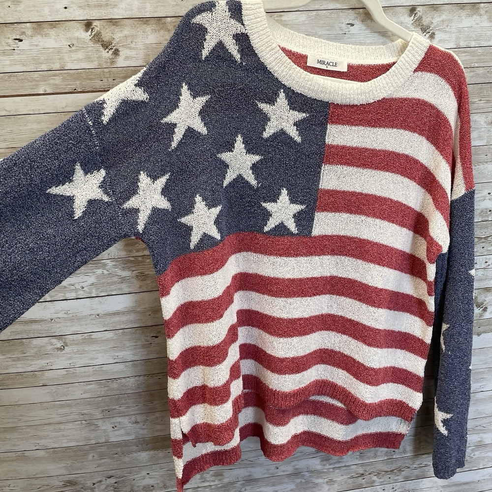Miracle Womens S Sweater American Flag Wide Collar Long Sleeve Oversized - Picture 3 of 9
